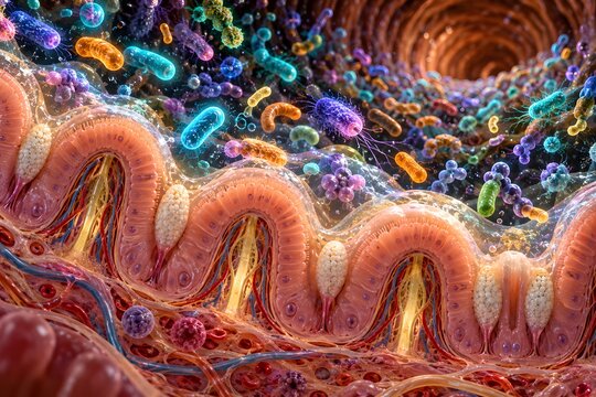 Artistic gut cross-section with bioluminescent microbiome, mucus layer, villi with lacteals, goblet cells. Dark background. Perfect for gut health, microbiome, and probiotic content.