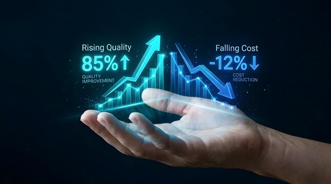 Digital Quality and Cost Comparison Concept Showing Business Performance Metrics Above Open Hand