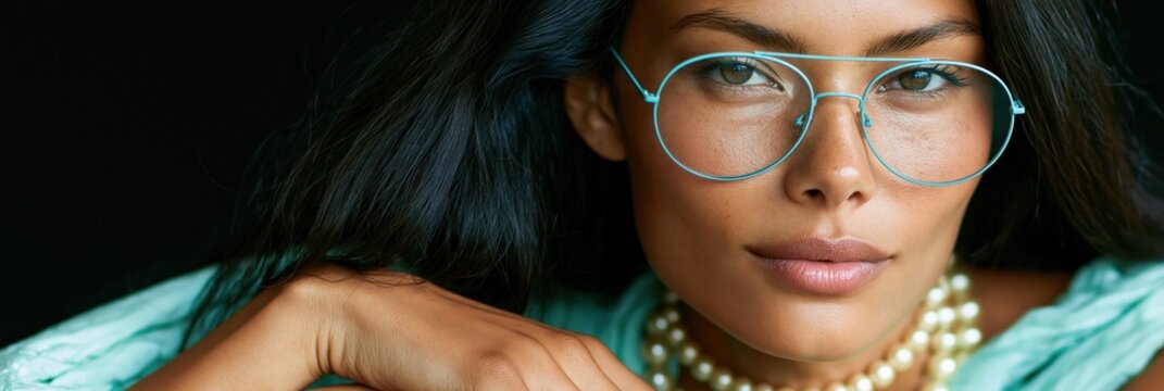 Portrait closeup of woman with glasses and layered pearl necklace for elegant beauty background and banner design