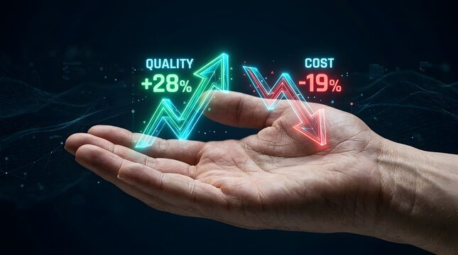 Digital Quality and Cost Comparison Concept Showing Business Performance Metrics Above Open Hand
