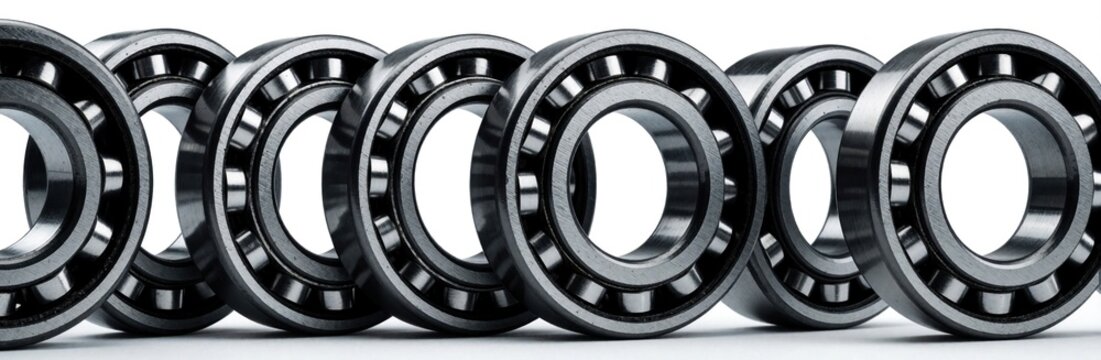 Collage of metal ball bearings lined up on white background. Close up of steel roller bearings for car engine, industrial machine parts. Various mechanical round components for automotive repair,