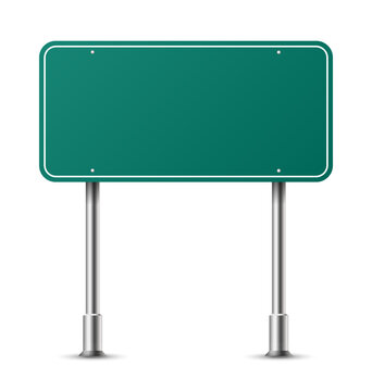 Realistic green rectangle traffic sign on metal steel pole isolated. Green road panel mockup - direction highway, board traffic, street roadsign, stop, guide, signboard signage. Vector