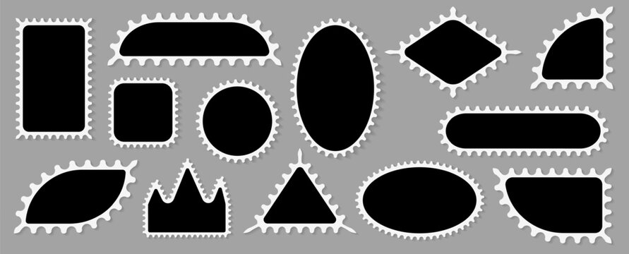 Vector set of scalloped black and white postage frames isolated. Outline border template. Simple minimalist label text box. Blank scallop edge stamp mockup.