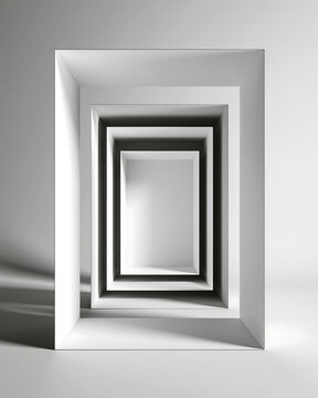 A series of nested white rectangular frames creating an infinite tunnel effect, with sharp shadows and depth, shown on a neutral gray background