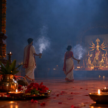 Bengali woman performing incense rituals before goddess idol amid glowing lamps and smoke during durga puja navratri and diwali traditional religious celebrations