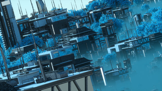 Dense Futuristic Architecture with Blue Canopy and Mist