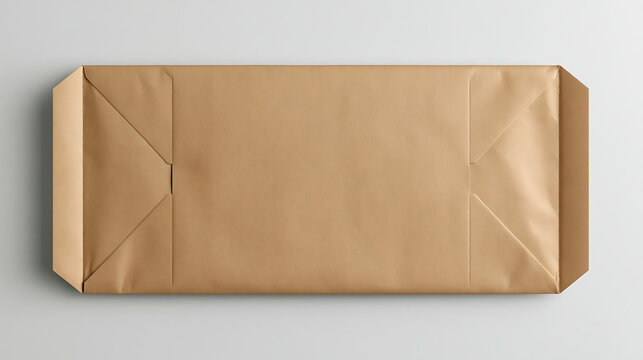 Rectangular brown paper package, closed shipping parcel with folded edges, view of craft isolated on a light gray background