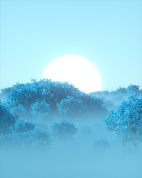 Glowing Sun Behind Blue Tree Canopy Fantasy Forest