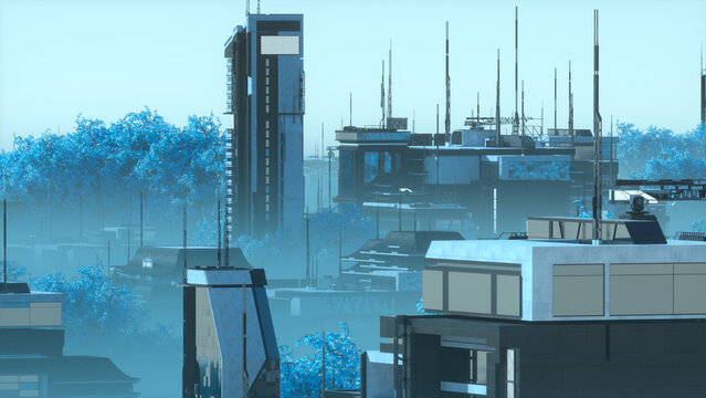 Hazy Futuristic Skyline with Blue Trees and Tower