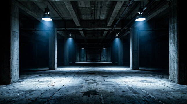Empty industrial warehouse hall with concrete pillars illuminated by hanging lights