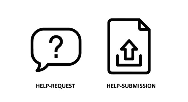 Customer support and file submission service icons depicting help request and document upload with web upload digital form online help file icon