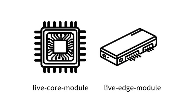 Computer hardware components including a cpu core module and an edge computing module icon set with computer processor integrated circuit tech gear