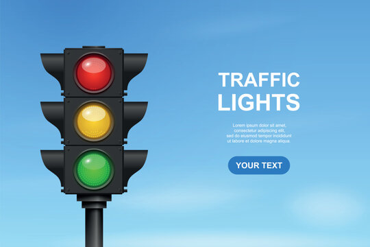 Traffic Light, Vector Illustration. Red Yellow and Green Signal Lights on Blue Background. Road Safety and Transportation Control Symbol. Urban Street Regulation