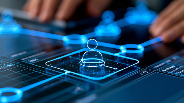 Glowing AI agent workflow automation icon displayed on a digital business desk interface, smart agentic intelligence concept, futuristic tech photography, defocused dashboard