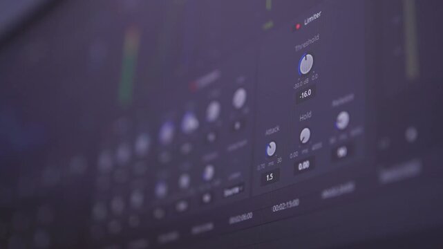 Close-up of rotating audio plugin knob with glowing LED indicators in dark mixing studio