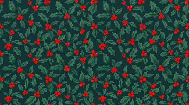 Festive holly leaves and red berries pattern for a beautiful holiday themed christmas wallpaper design