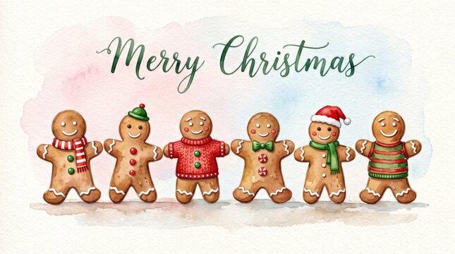 Festive watercolor illustration of cute gingerbread men perfect for a merry christmas wallpaper background design