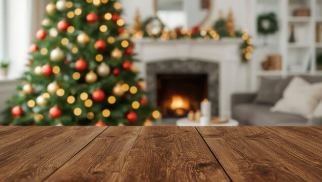 Empty christmas background. Christmas tree backdrop. Xmas holiday celebration blank pedestal. Brown wooden table top in front, winter celebration bokeh effect. Happy New Year banner
