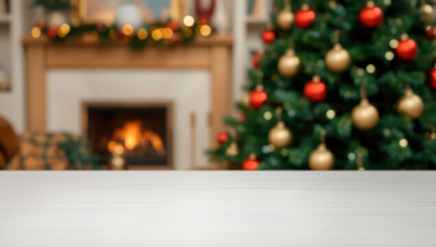 White empty table top in front, blurred christmas tree background. Xmas celebration banner with empty space. White holiday backdrop with golden bokeh lights. Happy New Year scene