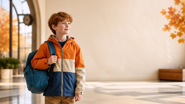 Young boy with backpack standing in bright hall. Back to school and autumn travel concept. Copy space for text