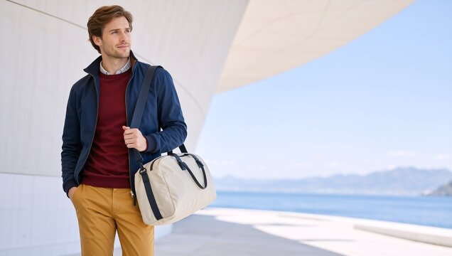 Stylish young man with travel bag walking by the sea. Handsome male tourist with duffel bag on modern promenade