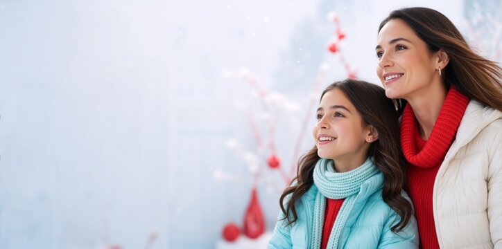 Smiling mother and daughter in winter clothing looking up outdoors. Happy family with warm knitwear and jackets. Copy space for text