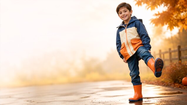 Happy boy playing in rain boots on wet road in autumn. Cheerful child wearing raincoat outdoors after rain