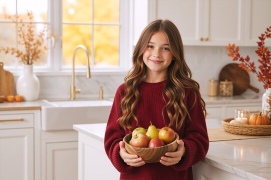Smiling young girl holding bowl of fresh apples and pears in kitchen. Kid with autumn harvest fruit. Healthy eating concept