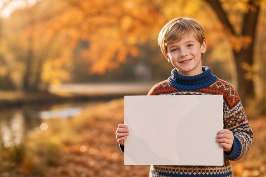 Smiling boy holding blank white board in autumn park. Child showing empty sign with copy space outdoors. Fall seasonal concept