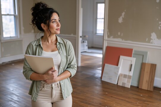 Female interior designer holding folder in unfurnished room under renovation. Woman architect planning house remodeling project