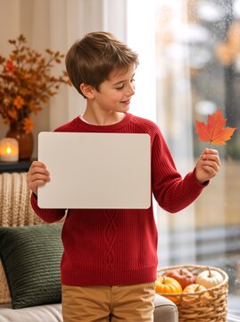 Child holding blank sign and autumn maple leaf indoors. Boy with empty placard copy space for fall seasonal message