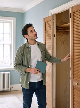 Young man holding color swatch inspecting closet in empty room. Male homeowner choosing paint color for renovation