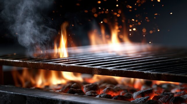 Fiery glowing charcoal embers with rising smoke and sparks under a grilling metal grate ready for outdoor cooking barbecue