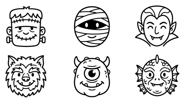 Cute Halloween monster faces including Frankenstein vampire and mummy in line art style