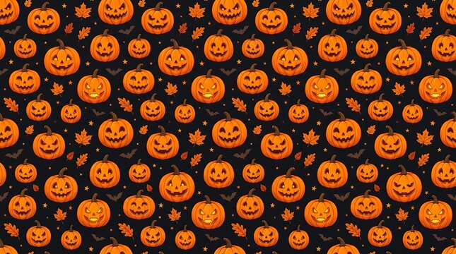 Seamless Halloween pattern with carved jack-o-lantern pumpkins and autumn leaves on black background