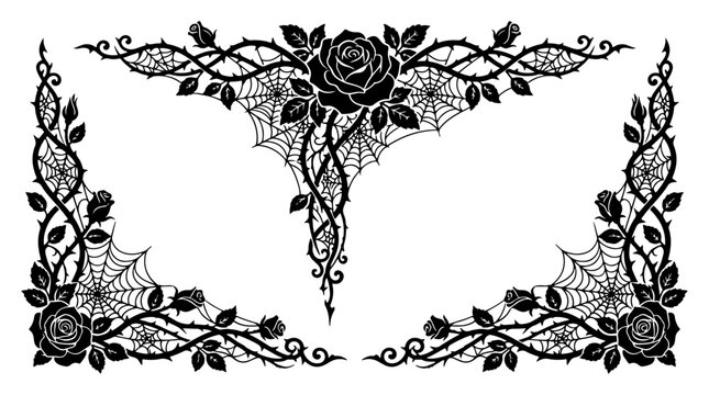 Gothic frame with roses thorny vines and spider webs in black silhouette style