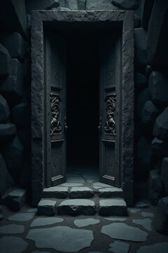 Gothic ornate wooden doors leading into deep tunnel darkness