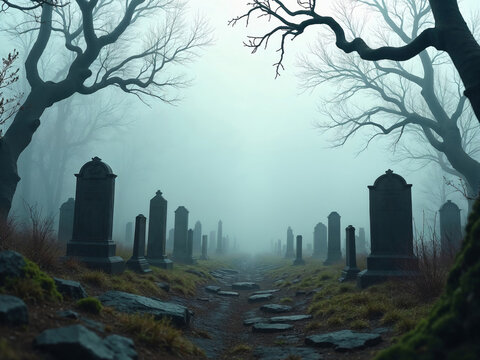 Creepy misty graveyard alley representing death