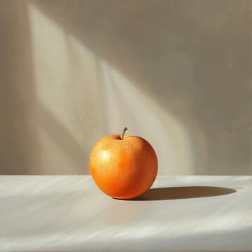 Minimalist still life of a single ripe fruit on white surface with sunlight