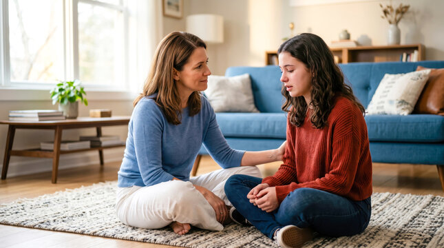 A mother talks with her daughter while sitting on the floor of their living room. The daughter seems upset while the mother offers support. The room