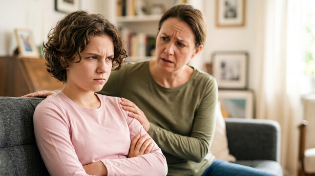 A mother talks to her daughter who looks upset while sitting on the couch. The room has shelves with books and a soft light coming in from a window.