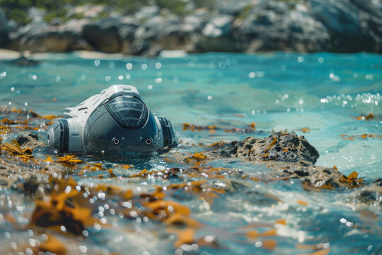 Autonomous aquatic drone robot exploring shallow ocean waters and seaweed near coast