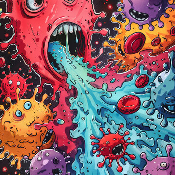 Cartoon illustration of monsters attacking red blood cells in immune response concept