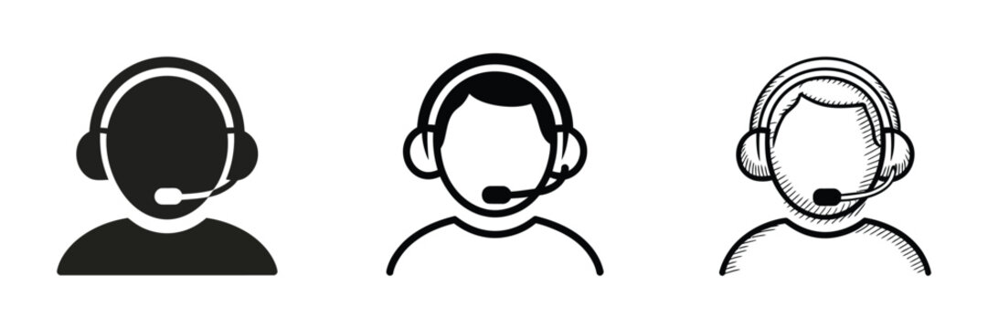 Customer support operator icon set with call center and headset symbols for communication, service, assistance, helpdesk, and business