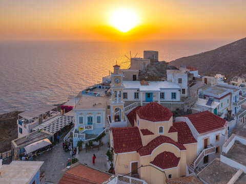 Olympos, Picturesque Traditional Village on a Mountain slope at sunset,  Karpathos, Dodecanese Island, Greece
