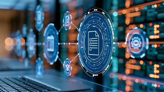 Digital dashboard displaying interconnected automation icons representing document management, task routing, and approval workflows, enterprise technology concept, clean tech