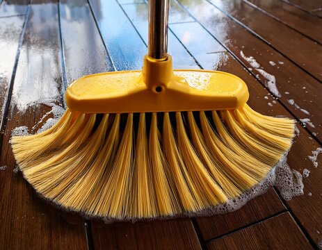 stunning photo of low angle shot of a yellow broom sweeping soapy water on a wet wooden floor