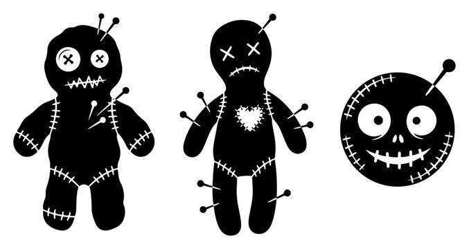 Voodoo dolls with pins and stitched details in black silhouette style