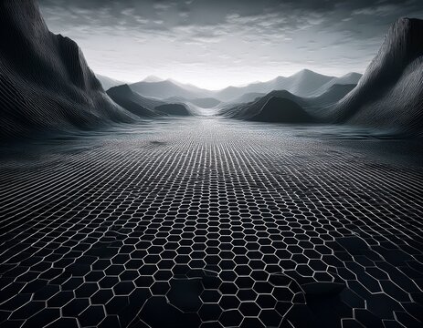 expansive monochromatic landscape featuring an intricate hexagonal grid pattern on dark textured ground creating an abstract geometric design