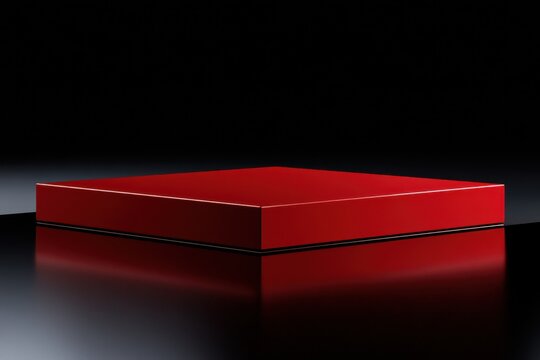 Sleek modern square red platform with reflective surface on black gradient background for product display or presentation concept
